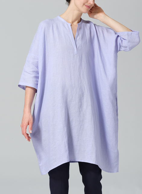 Linen Wide A-line V-neck Mandarin Collar Tunic