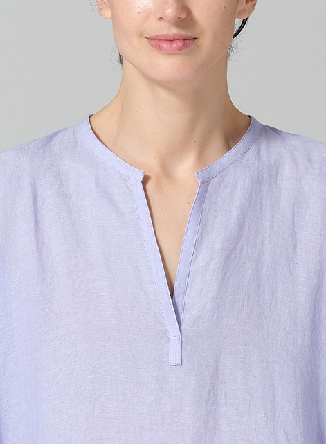 Linen Wide A-line V-neck Mandarin Collar Tunic