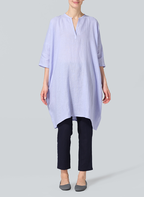 Linen Wide A-line V-neck Mandarin Collar Tunic