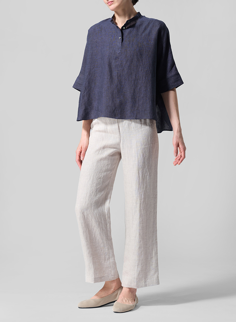 Linen Mandarin Collar Boxy Shirt