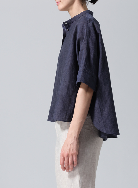 Linen Mandarin Collar Boxy Shirt