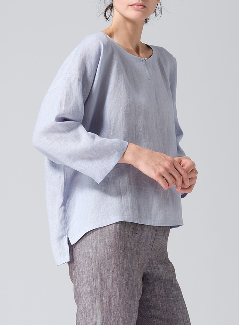 Linen Wide Round Neck Dropped Shoulder Top
