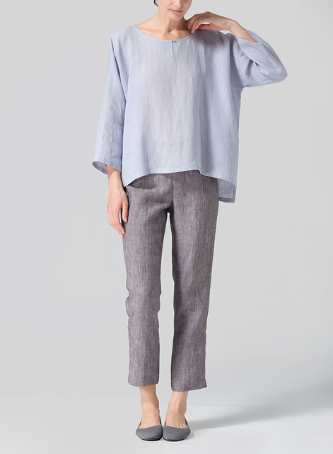Linen Wide Round Neck Dropped Shoulder Top
