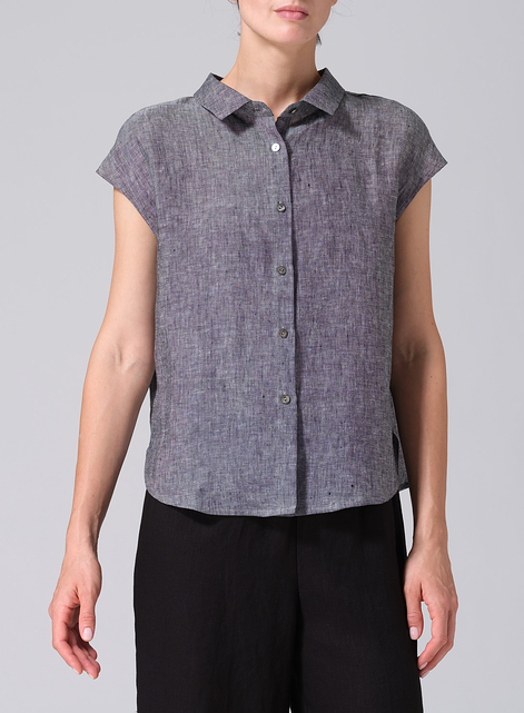 Linen Collared Neckline Cap Sleeves Top