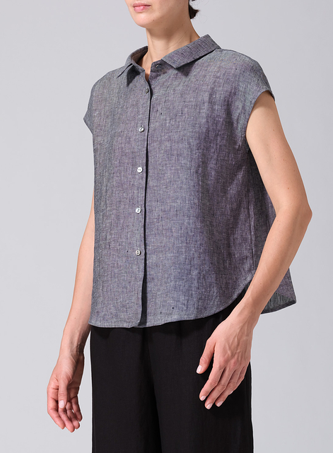 Linen Collared Neckline Cap Sleeves Top