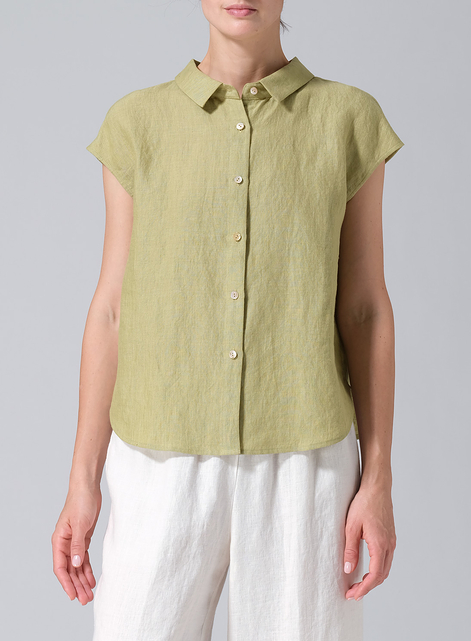 Linen Collared Neckline Cap Sleeves Top