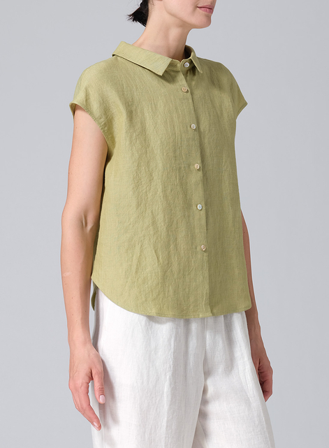 Linen Collared Neckline Cap Sleeves Top