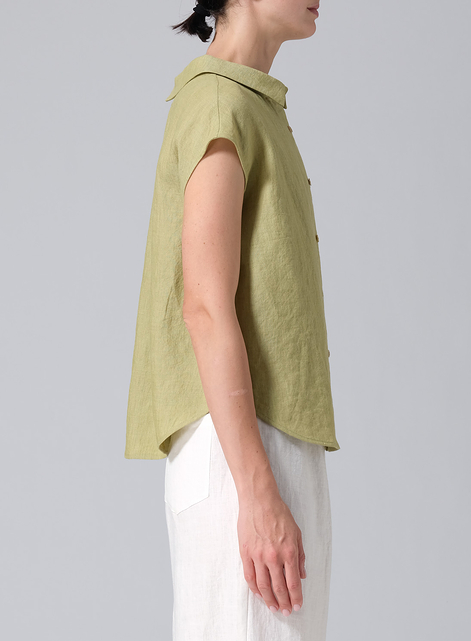 Linen Collared Neckline Cap Sleeves Top