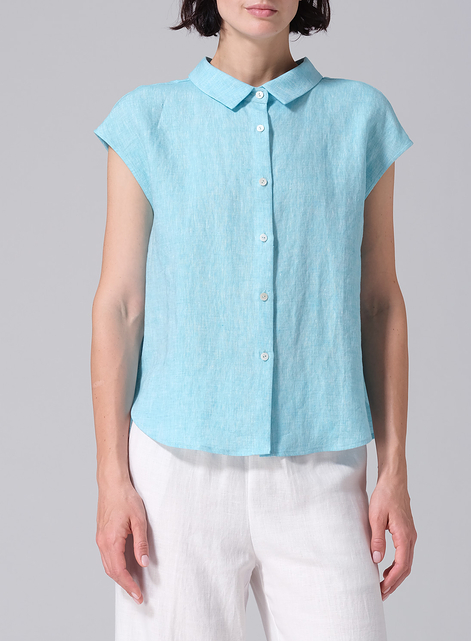 Linen Collared Neckline Cap Sleeves Top