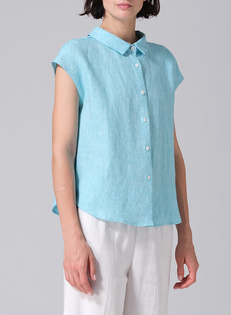Linen Collared Neckline Cap Sleeves Top