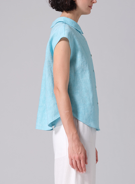 Linen Collared Neckline Cap Sleeves Top