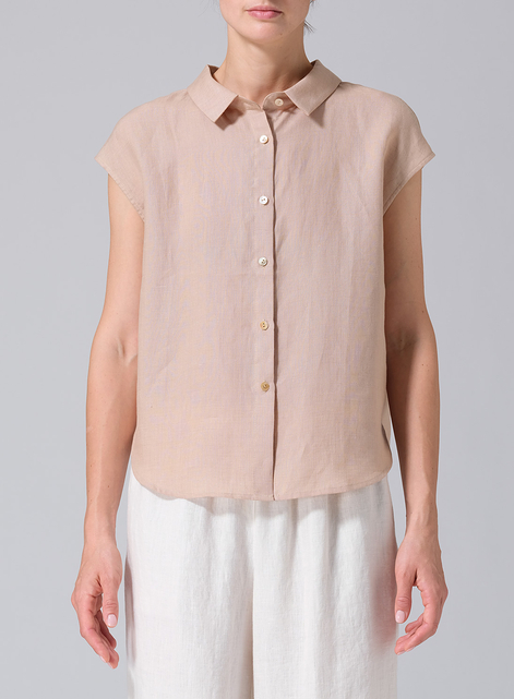 Linen Collared Neckline Cap Sleeves Top