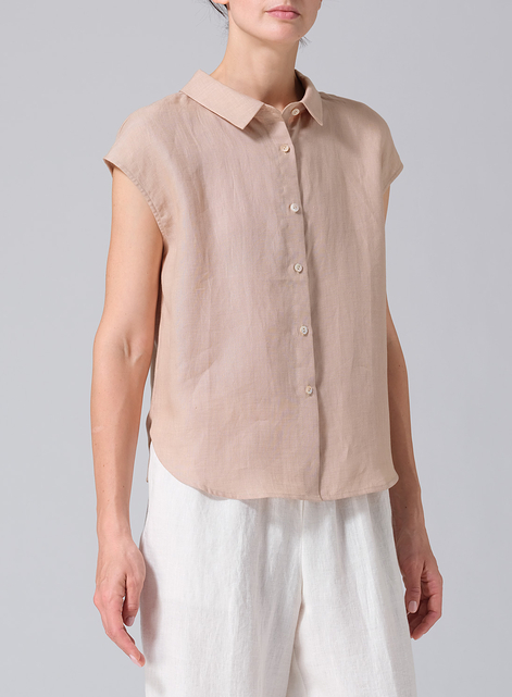Linen Collared Neckline Cap Sleeves Top