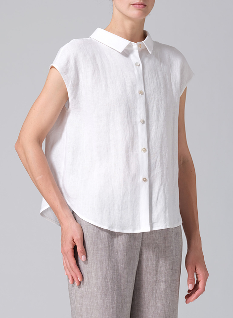 Linen Collared Neckline Cap Sleeves Top