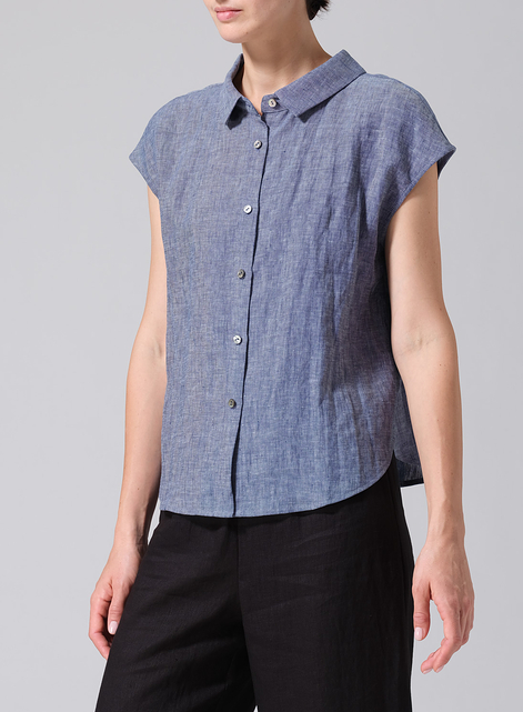 Linen Collared Neckline Cap Sleeves Top