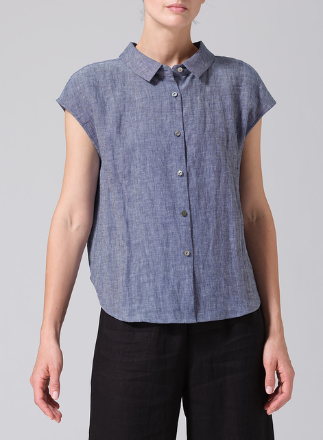 Linen Collared Neckline Cap Sleeves Top