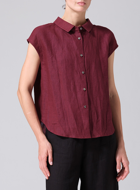 Linen Collared Neckline Cap Sleeves Top
