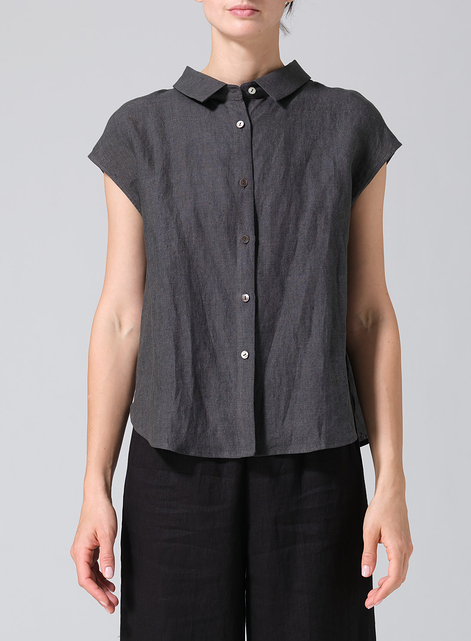 Linen Collared Neckline Cap Sleeves Top