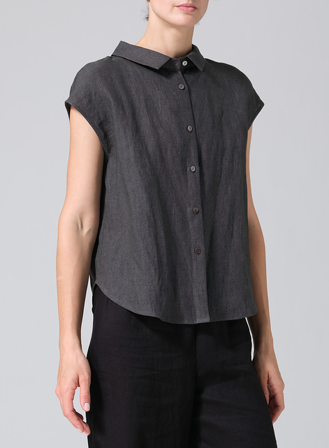 Linen Collared Neckline Cap Sleeves Top