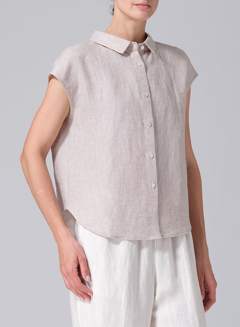 Linen Collared Neckline Cap Sleeves Top