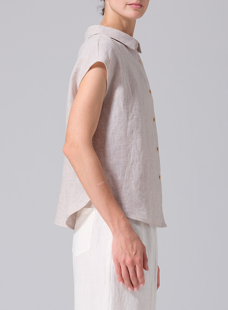 Linen Collared Neckline Cap Sleeves Top