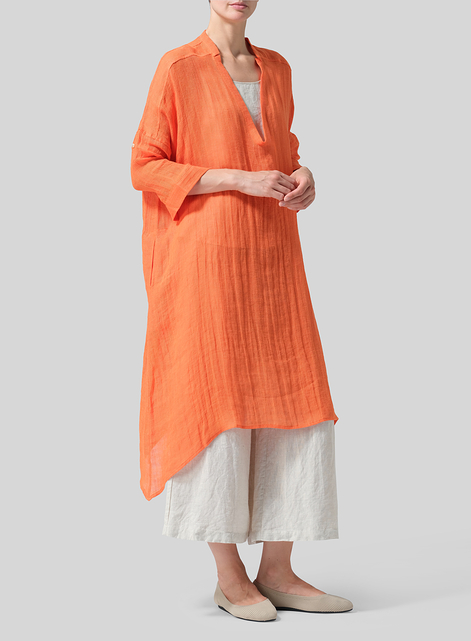 Woven Linen Roll Sleeve Deep V-neck Tunic