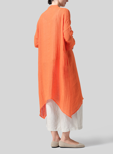 Woven Linen Roll Sleeve Deep V-neck Tunic