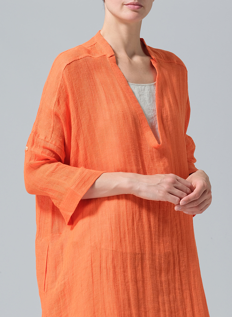 Woven Linen Roll Sleeve Deep V-neck Tunic