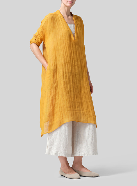 Woven Linen Roll Sleeve Deep V-neck Tunic