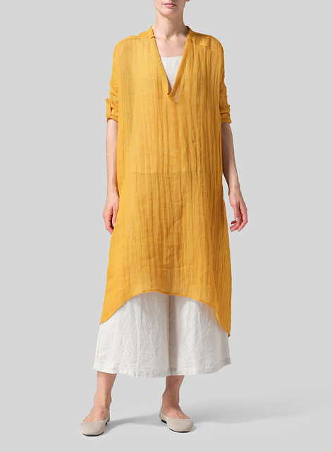Woven Linen Roll Sleeve Deep V-neck Tunic