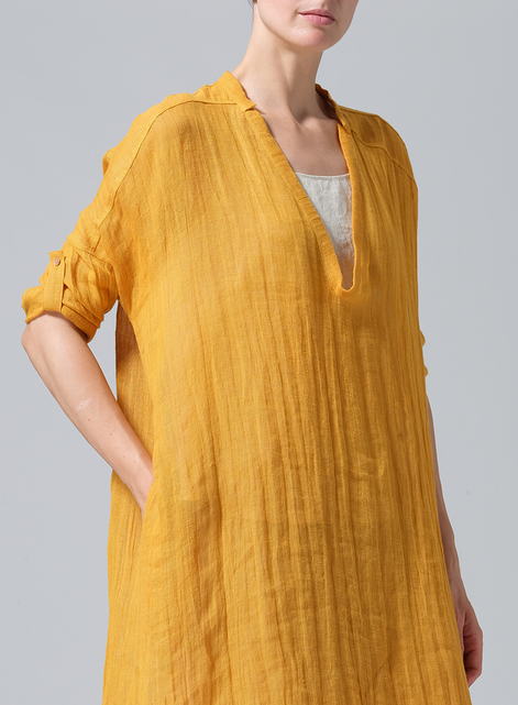 Woven Linen Roll Sleeve Deep V-neck Tunic