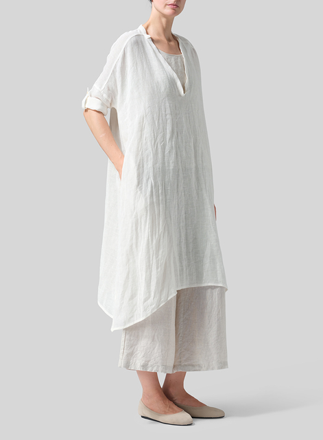 Woven Linen Roll Sleeve Deep V-neck Tunic