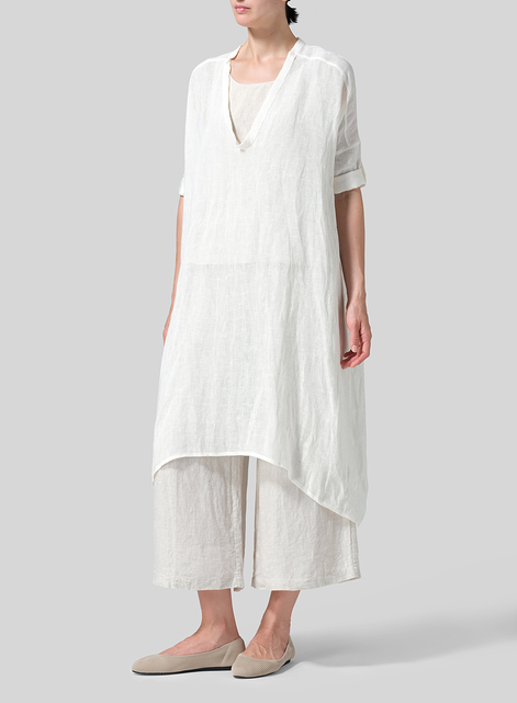 Woven Linen Roll Sleeve Deep V-neck Tunic