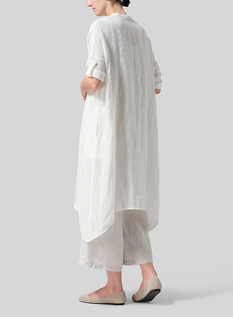 Woven Linen Roll Sleeve Deep V-neck Tunic