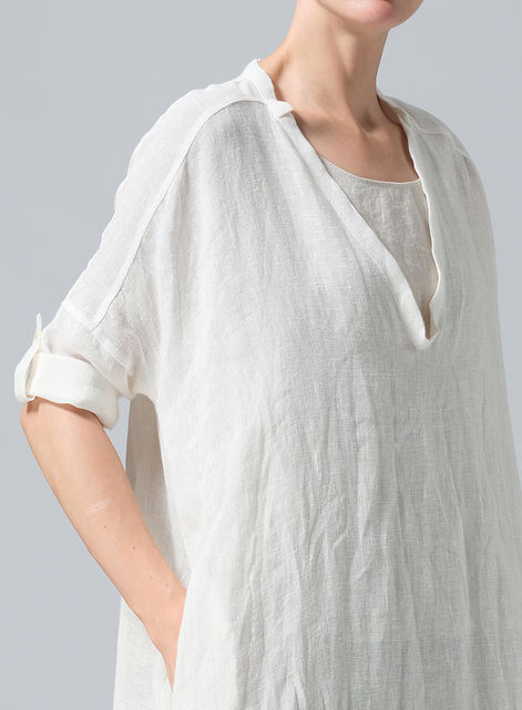 Woven Linen Roll Sleeve Deep V-neck Tunic