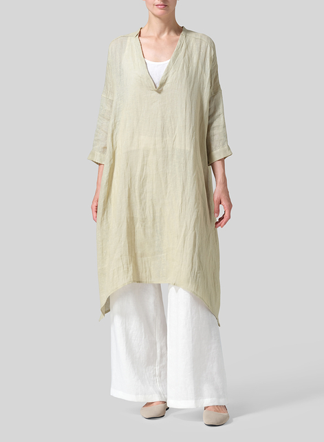 Woven Linen Roll Sleeve Deep V-neck Tunic