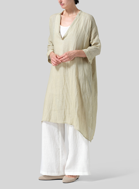 Woven Linen Roll Sleeve Deep V-neck Tunic