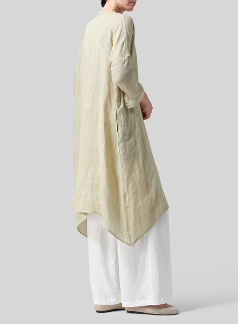 Woven Linen Roll Sleeve Deep V-neck Tunic