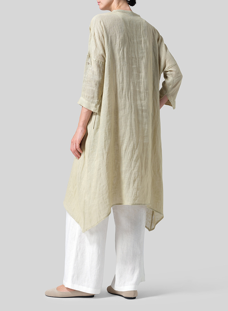 Woven Linen Roll Sleeve Deep V-neck Tunic