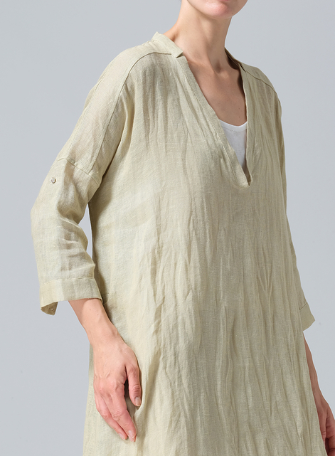 Woven Linen Roll Sleeve Deep V-neck Tunic
