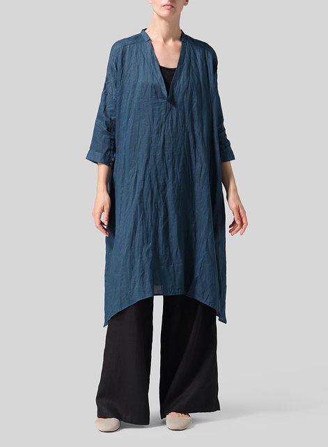 Linen Roll Sleeve Deep V-neck Tunic