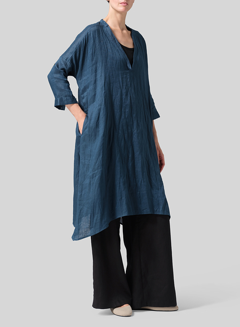 Linen Roll Sleeve Deep V-neck Tunic