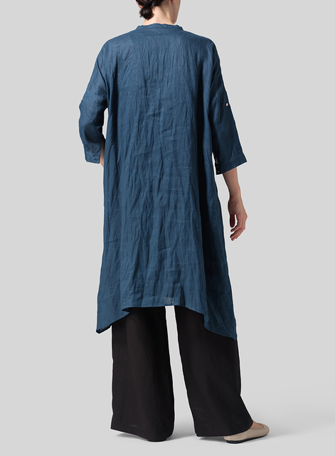 Linen Roll Sleeve Deep V-neck Tunic