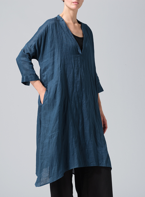 Linen Roll Sleeve Deep V-neck Tunic