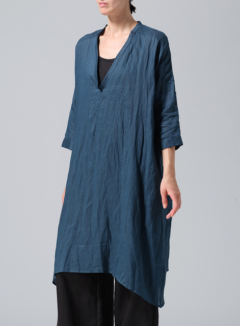 Linen Roll Sleeve Deep V-neck Tunic