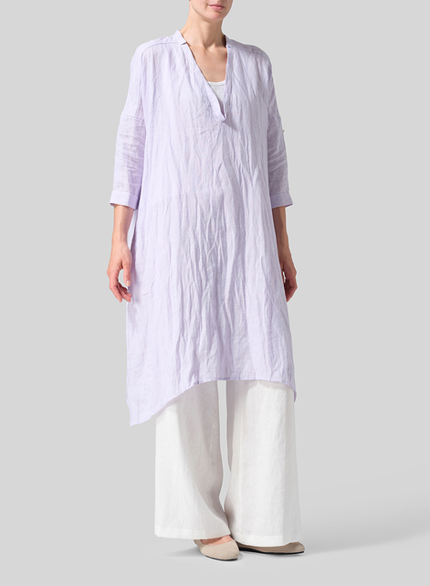 Linen Roll Sleeve Deep V-neck Tunic