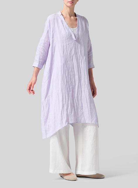 Linen Roll Sleeve Deep V-neck Tunic