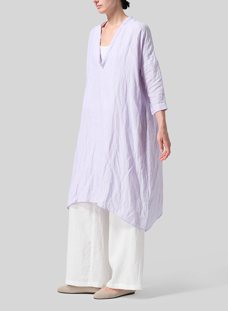 Linen Roll Sleeve Deep V-neck Tunic