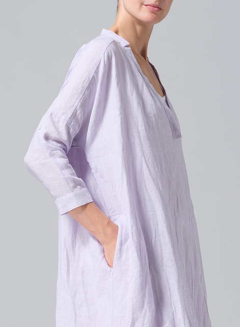Linen Roll Sleeve Deep V-neck Tunic