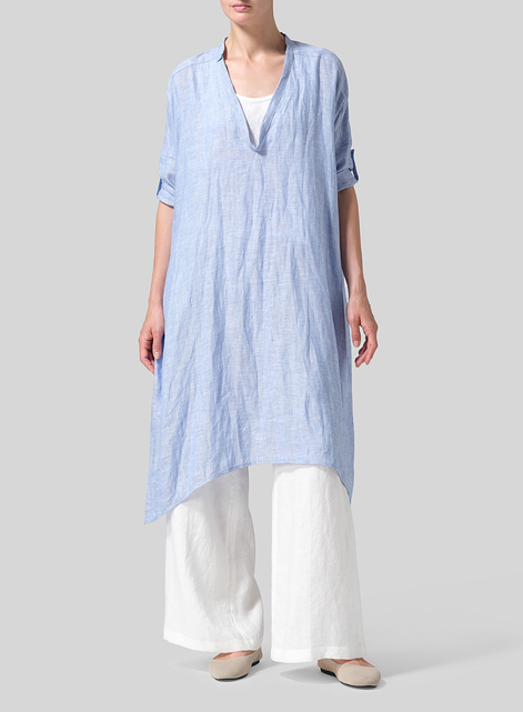 Linen Roll Sleeve Deep V-neck Tunic